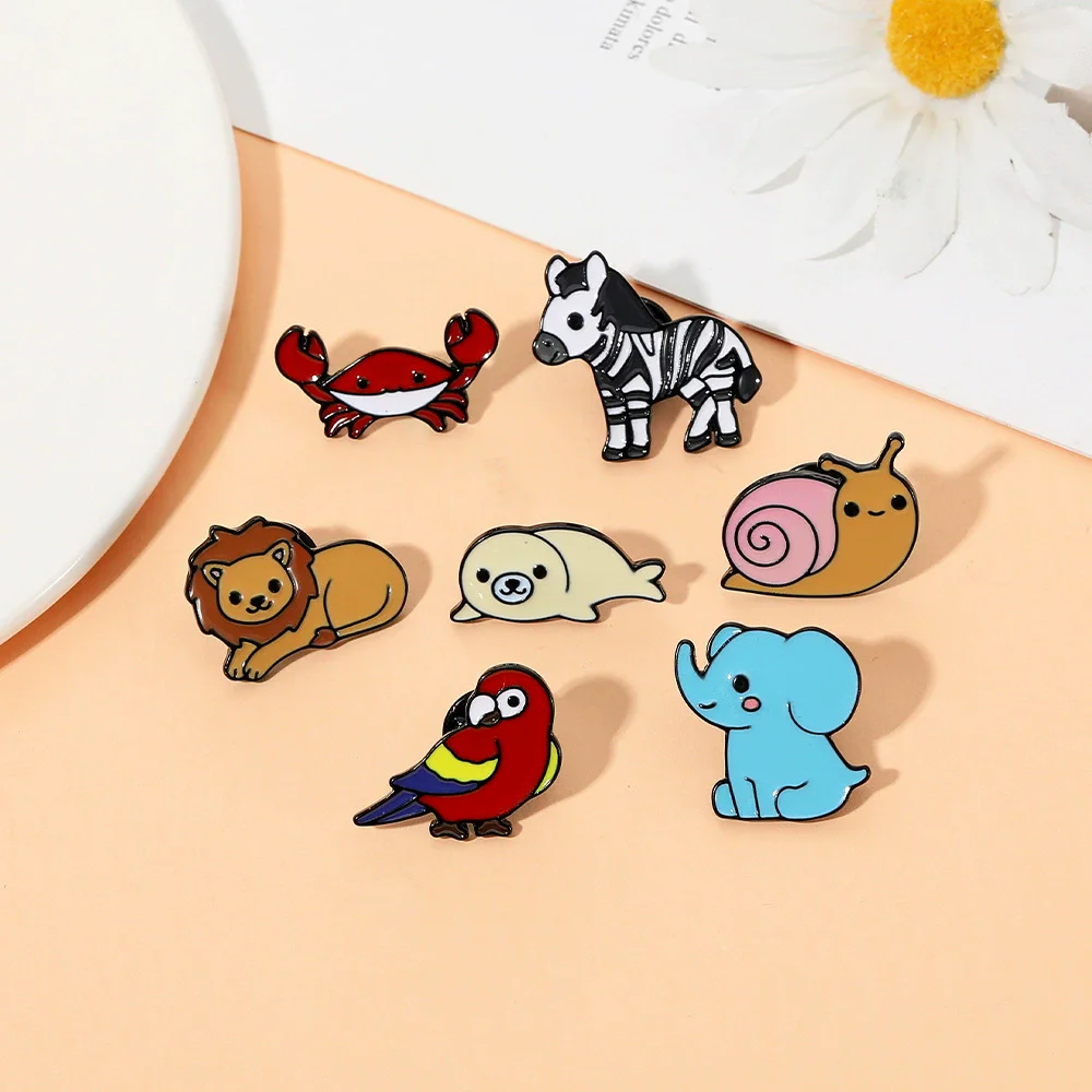 Cartoon Animals Enamel Pins Kawaii Elephant Lion Zebra Crab Brooches Badge on Clothes Backpack Accessories Jewelry Gift for Kids