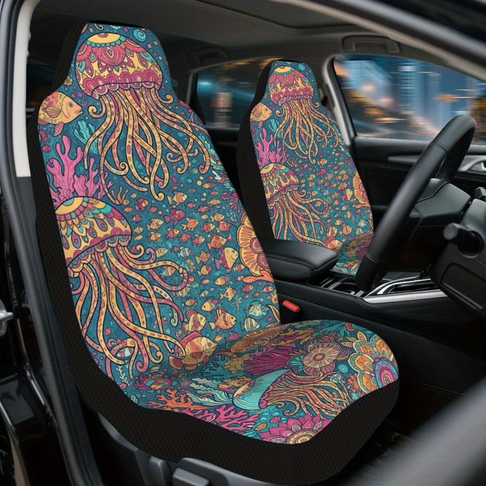 Set Of 2 Vibrant Jellyfish And Fish Design Car Seat Covers – Fits Most Cars, Trucks, Vans, And Suvs | Sturdy Polyester Shields F