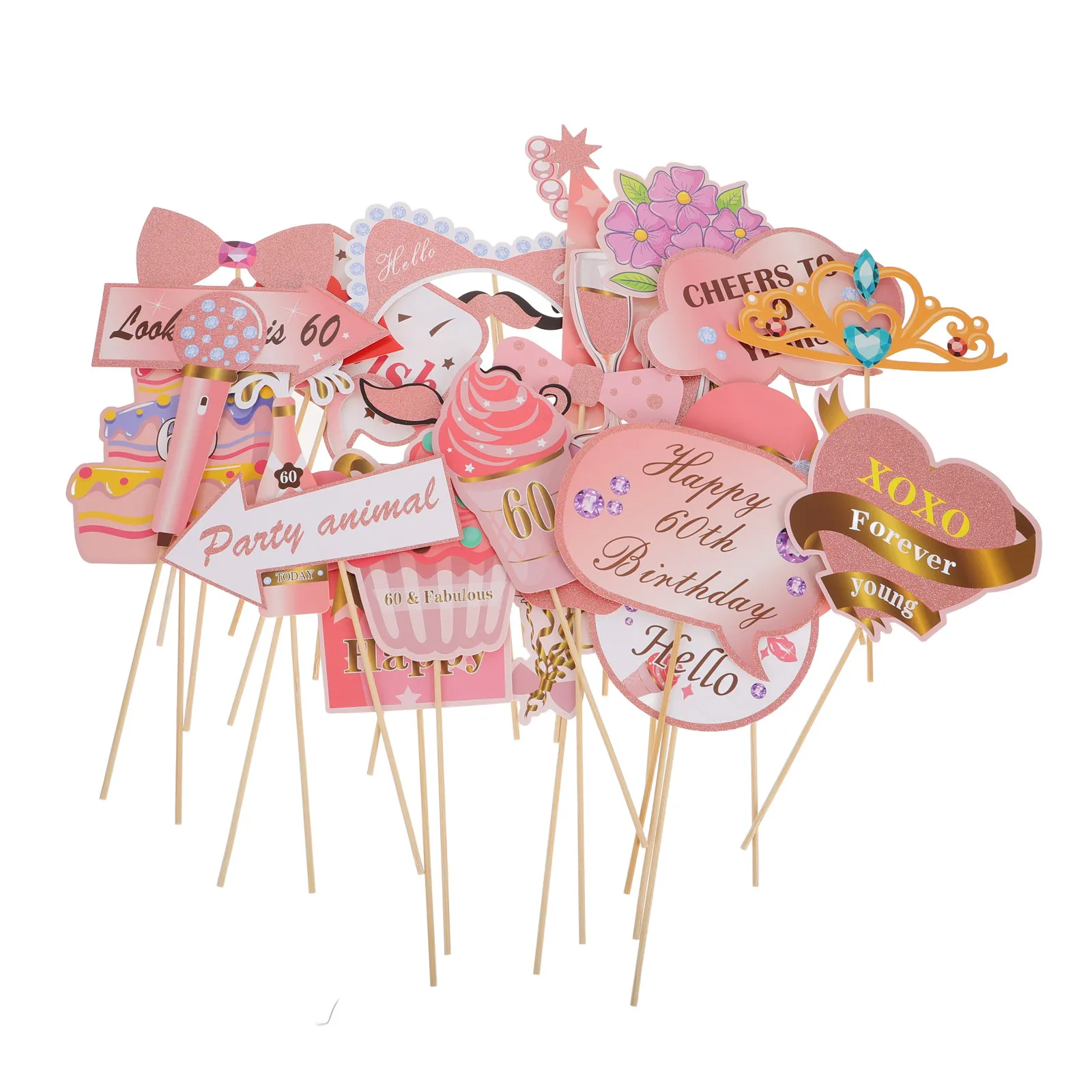 33Pcs Rose Gold Pink Birthday Photo Booth Props 60Th Party Decorations Happy Birthday Accessories Celebration Wedding Props