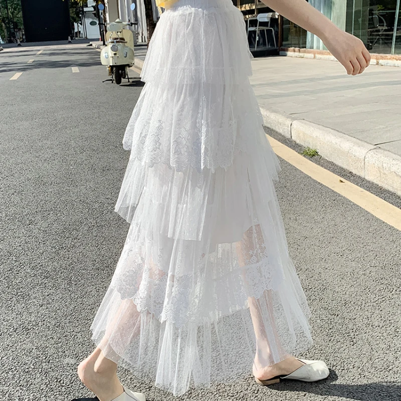 Street Style White Embroidery Pleated Long Skirts Summer Fashionable Mesh Elastic Waist Skirt 2026 Casual Solid A Line Skirts