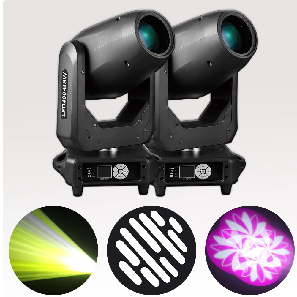 

2 шт., 400 Вт, светодиодные движущиеся головные фонари CMY CTO, луч DJ, сценическое освещение, вращающийся узор для выступлений в клубе KTV