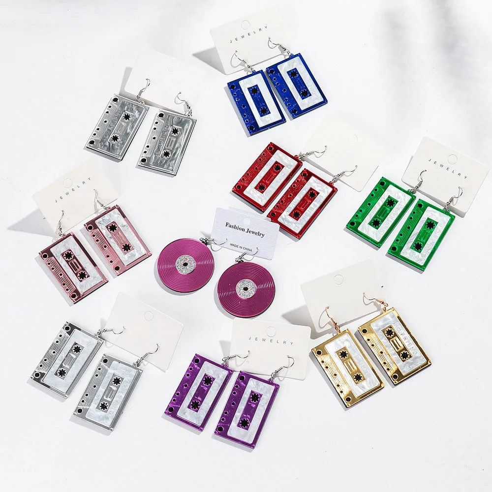 Colorful Mirror Big Cassette Tape Acrylic Earrings for Women Vintage Square Record Long Drop Earring Personalized Jewelry Gifts