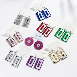 Colorful Mirror Big Cassette Tape Acrylic Earrings for Women Vintage Square Record Long Drop Earring Personalized Jewelry Gifts