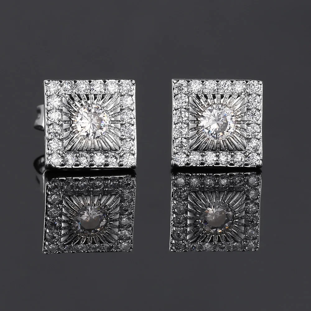 Shining Square Earrings For Men Women Full Zirconia Silver Color Stud Earings Hip Hop Style Fashion Ear Jewelry Male Gift KCE178