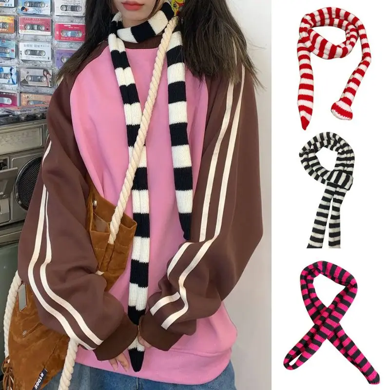 Y2K Punk Harajuku Style Black And White Striped Scarf Street Concave Knitted Slim Narrow Ribbon Casual Neckerchief Cool Scarf