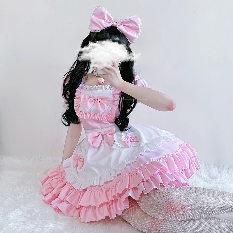 

Pink Sexy Cute Maid Costume Cosplay Dress Apron Dress Bell Choker Anime Cosplay Costume Women Coffee Waitress Uniform