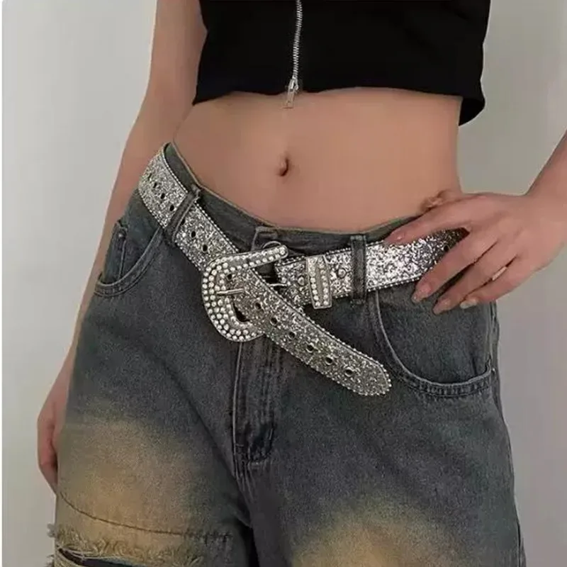 Sparkling Glitter PU Leather Belts Trendy Solid Color Y2K Waistband AIBEARTY Women Girls Glitter Rhinestone Star Buckle Belt Y2K  main image 2