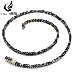 Fongten Cuban Chian Necklace for Men Stainless Steel Curb Box Chain Choker Necklace Male Hip Hop Rotre Black Color Jewelry