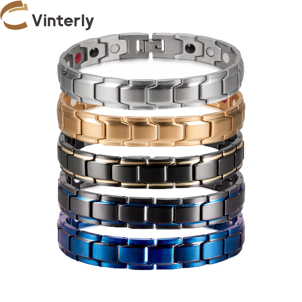 Magnetic Bracelets Male Benefits Energy Gold-color Chain Steel High Magnet Therapy Arthritis 12mm Wide Luxury Jewelry Waterproof