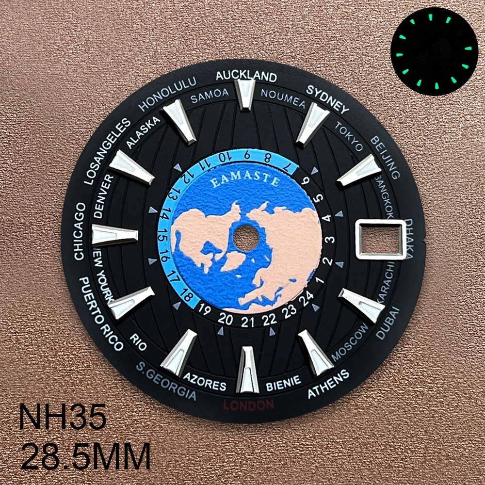 28.5mm S Logo World Dial Suitable For NH35/NH36 Movement Green Luminous Quality Dial Watch Modification Accessories