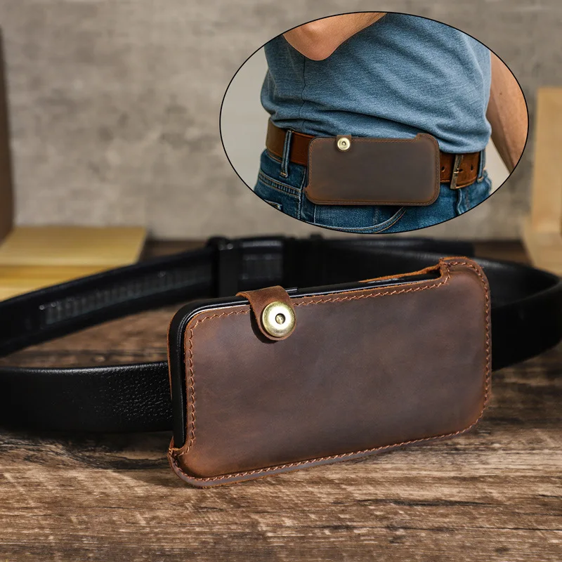 Retro Crazy Horse leather is suitable for 6.7-inch mobile phone storage, waist hanging purse, buckle, belt and waist bag