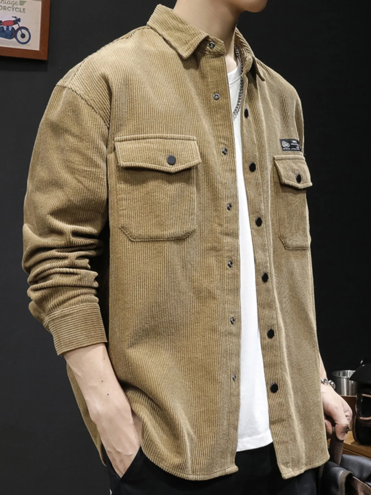 コーデュロイ ロングスリーブ メンズ ルーズフィット カジュアル ワークウェア アウター コート 春秋 プラスサイズ ユース トレンド カラー