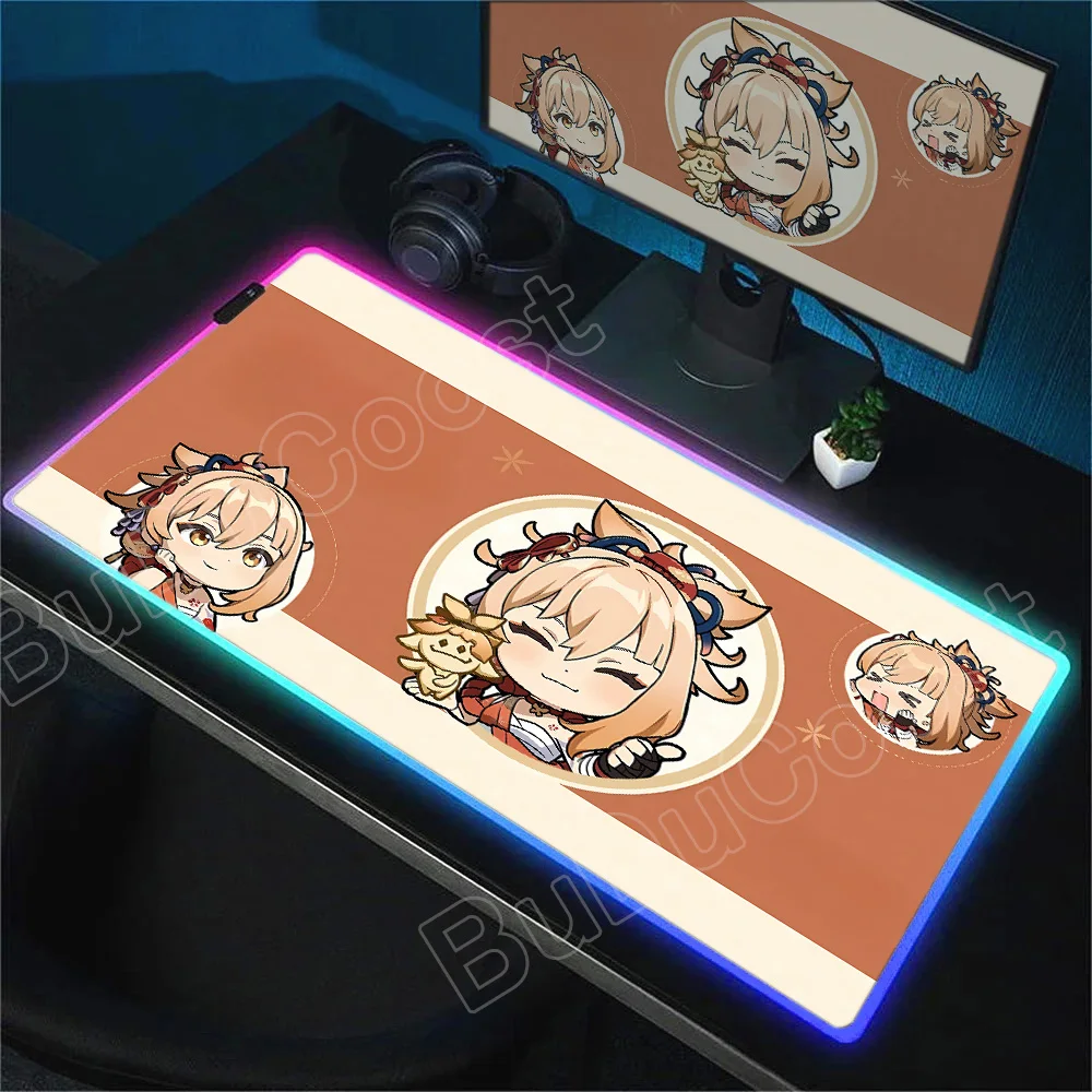

RGB Mouse Pad Cute Gaming Accessories Xxl Computer Desk Mat Laptop Keyboard Pads Genshin Impact Venti Yoimiya Yae Miko Mousepad