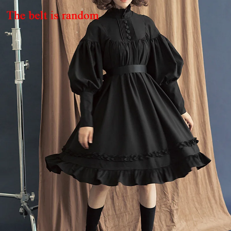 Korean Version of Solid Color Leisure Wooden Ear Edge Decoration Dress,Women's Spring/autumn Fashion Lantern Sleeve Lolita Dress