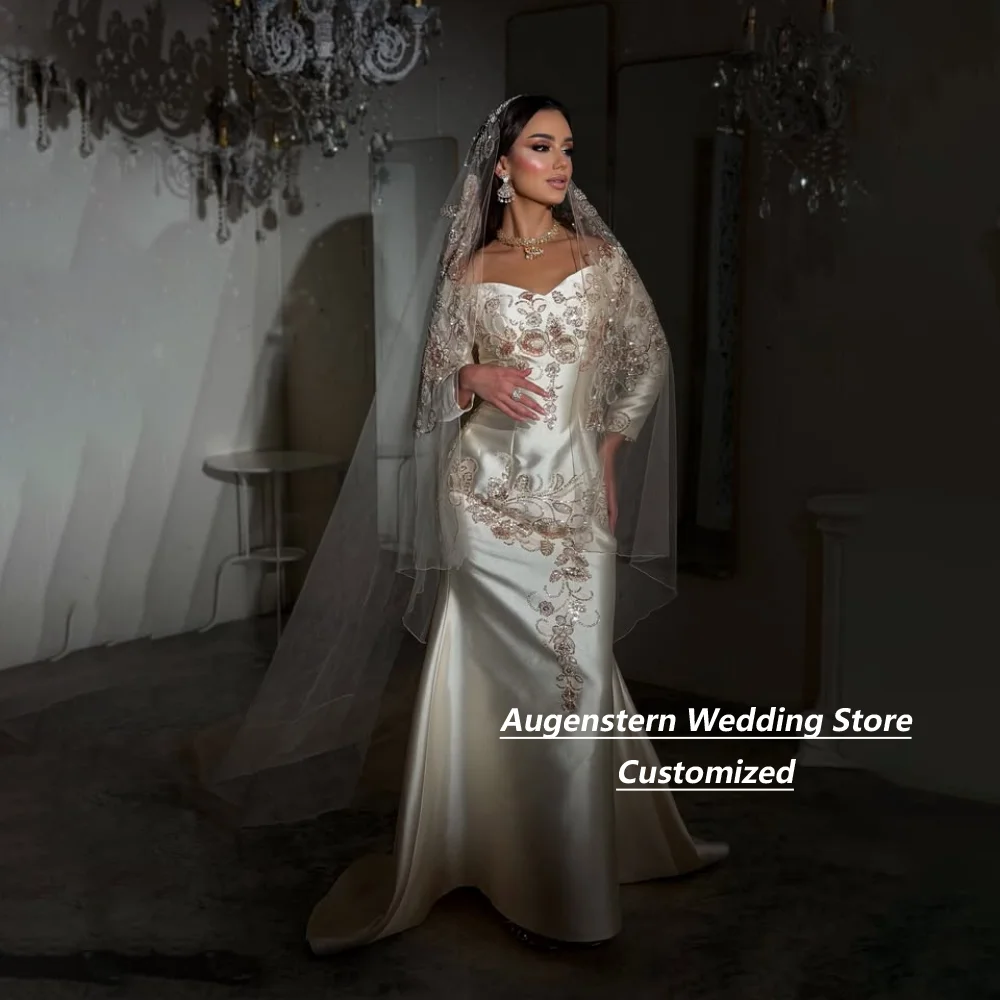 Customized Satin Appliques Bride Dresses Sweetheart Neck Off Shoulder Long Sleeve Mermaid Wedding Dress Lace Bridal Gown