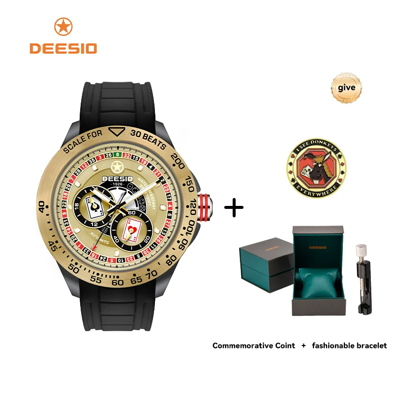 Deesio Poker dial Men's mechanical watch Stainless steel Silicone band Wristwatch Luminous Waterproof Cool Men Christmas gift