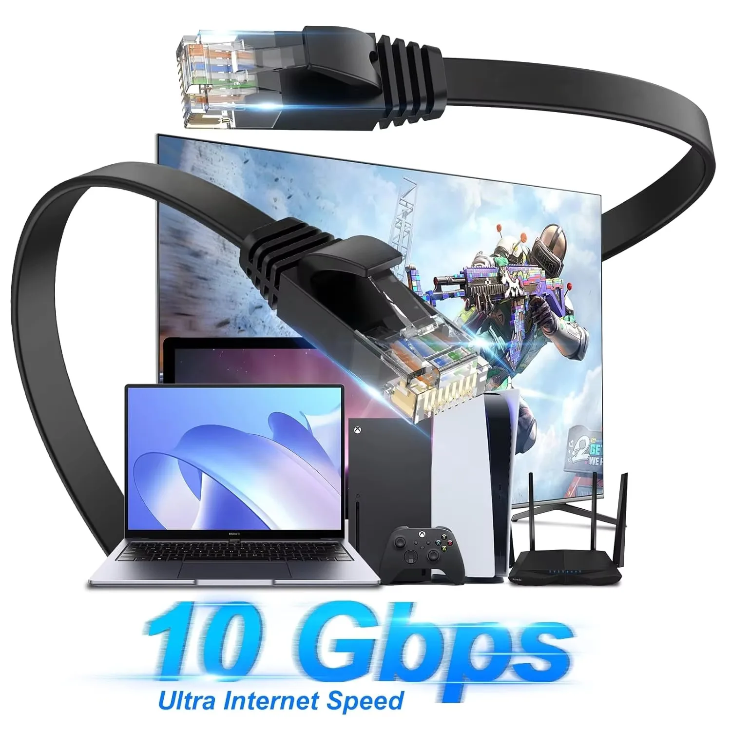 Cat 6 Ethernet Flat Cable, Outdoor and Indoor 10Gbps Supports Cat6a Cat5 Cat5 Networks for Gaming, Xbox, PS4, Modems, Router