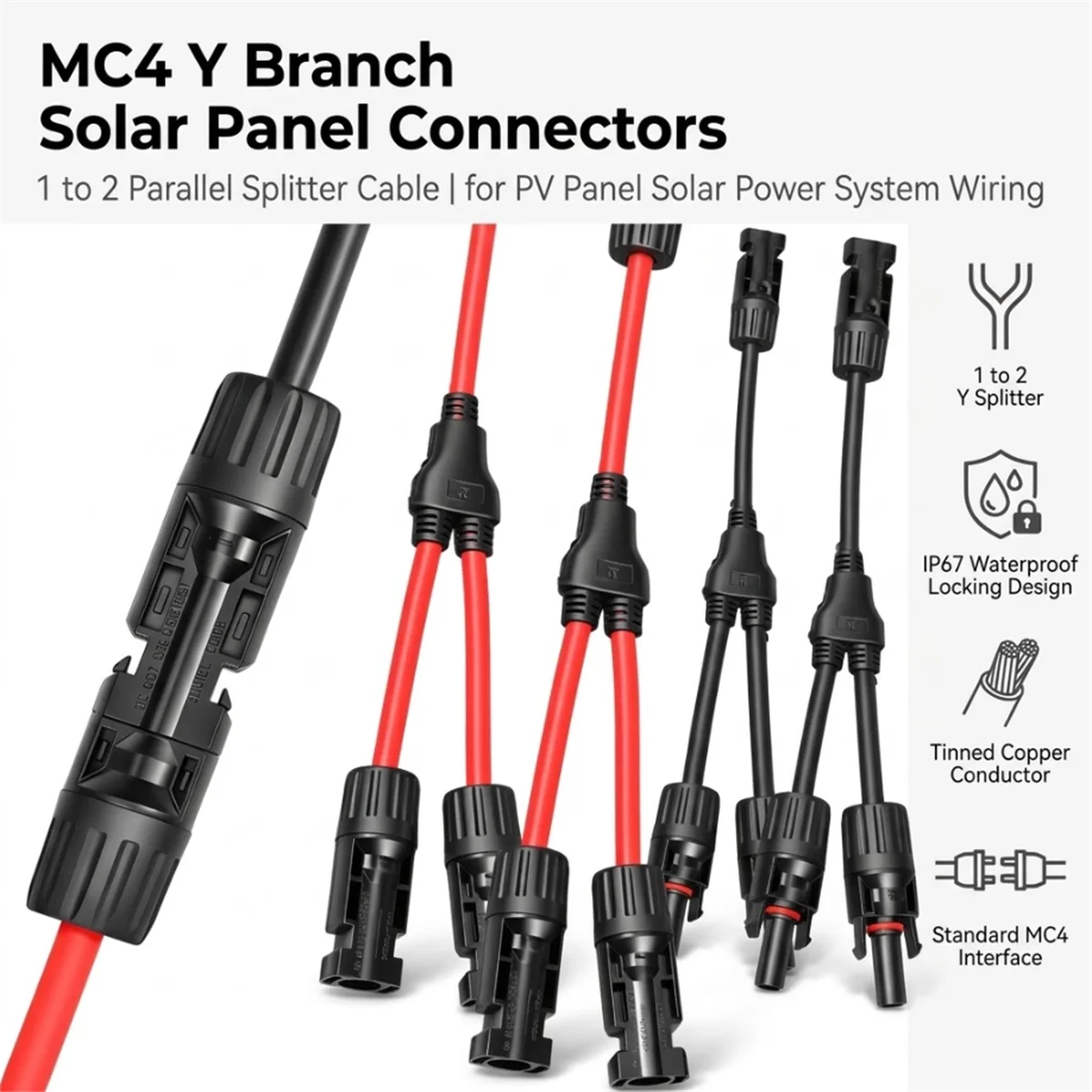 Y Branch Solar Panel Extension Wire 1 To 2 PV Plug MFF FMM Parallel Splitter Connector IP67 30A 1500V For Outdoor RV Array 28cm
