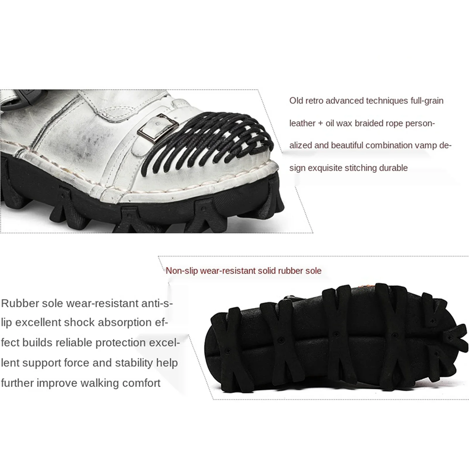 Men's Genuine Leather Motorcycle Boots,Goth Skull Buckle Strap Punk Thick Heel Mid-Calf Combat Boots Work Shoes Red view 5