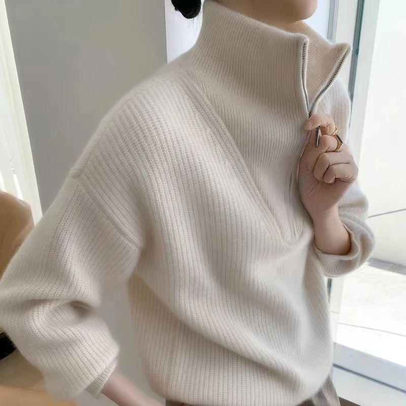 Cashmere Sweater with Vertical Lapel for Women, Thick Sweater, Semi-Zipper, Lazy, Autumn and Winter, New