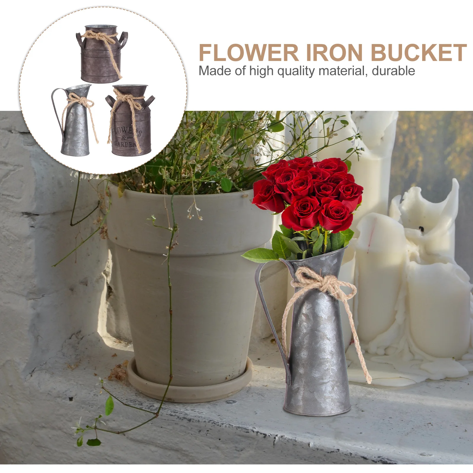 

3Pcs Vintage Style Retro Flower Bucket Iron Flower Pot Rural Milk Pot Decoration for Garden Home Office Retro Iron Bucket