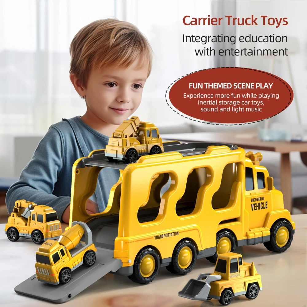 WizKidz 5 In 1 Construction Trucks Cars Toys For Toddlers 3-5 With Light Sound Birthday Gifts For Ages 3 + Year Old Boys & Girls