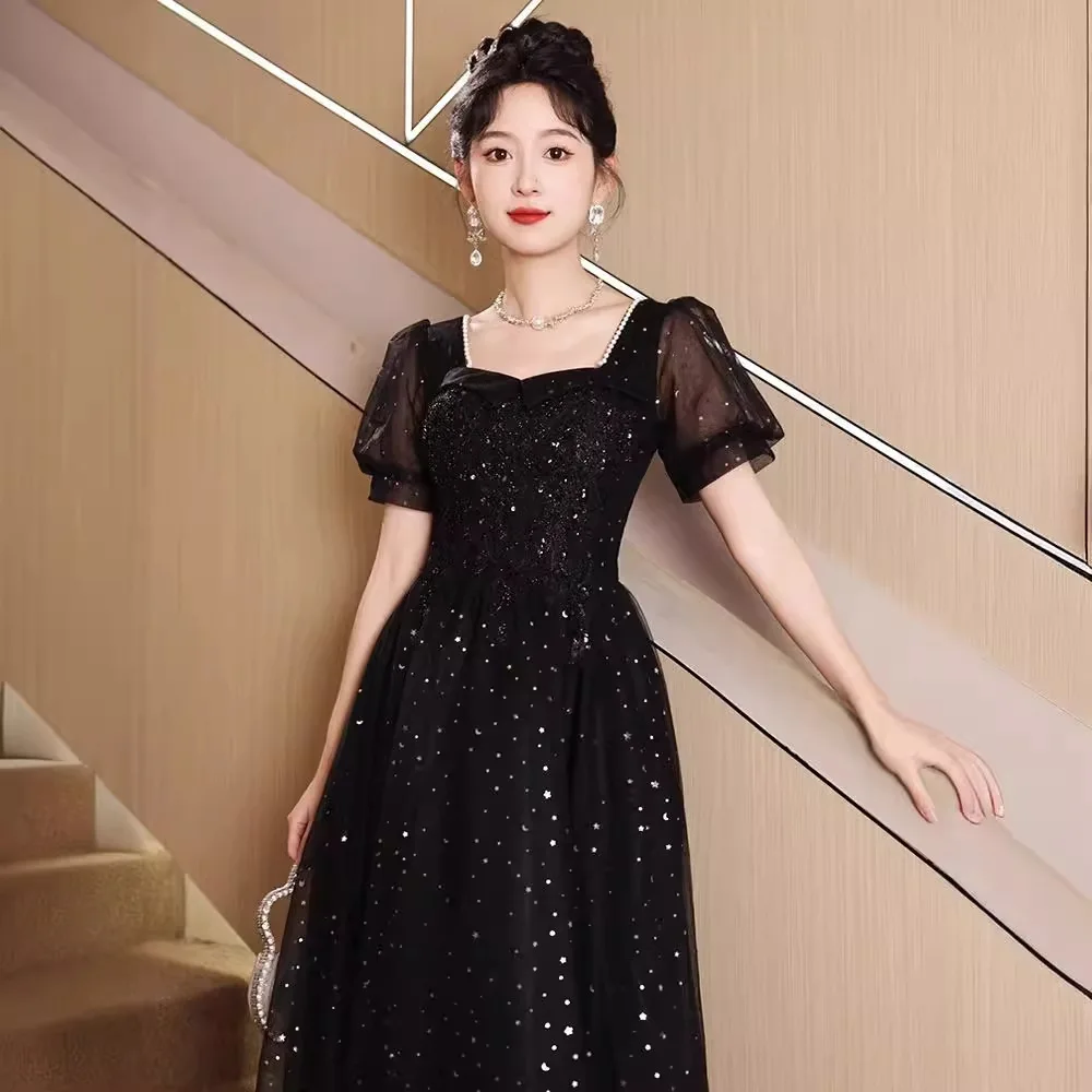 

Черное вечернее платье для женщин, модные платья трапециевидной формы с короткими рукавами и блестками для выпускного вечера, элегантные блестящие платья с квадратным воротником для дня рождения