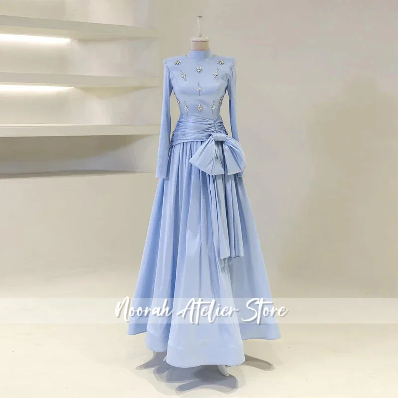 

Скромные вечерние платья для женщин 2025 с высоким воротником и длинными рукавами, вечерние платья, длинное трапециевидное платье с хрустальным бантом, свадебное платье для гостей