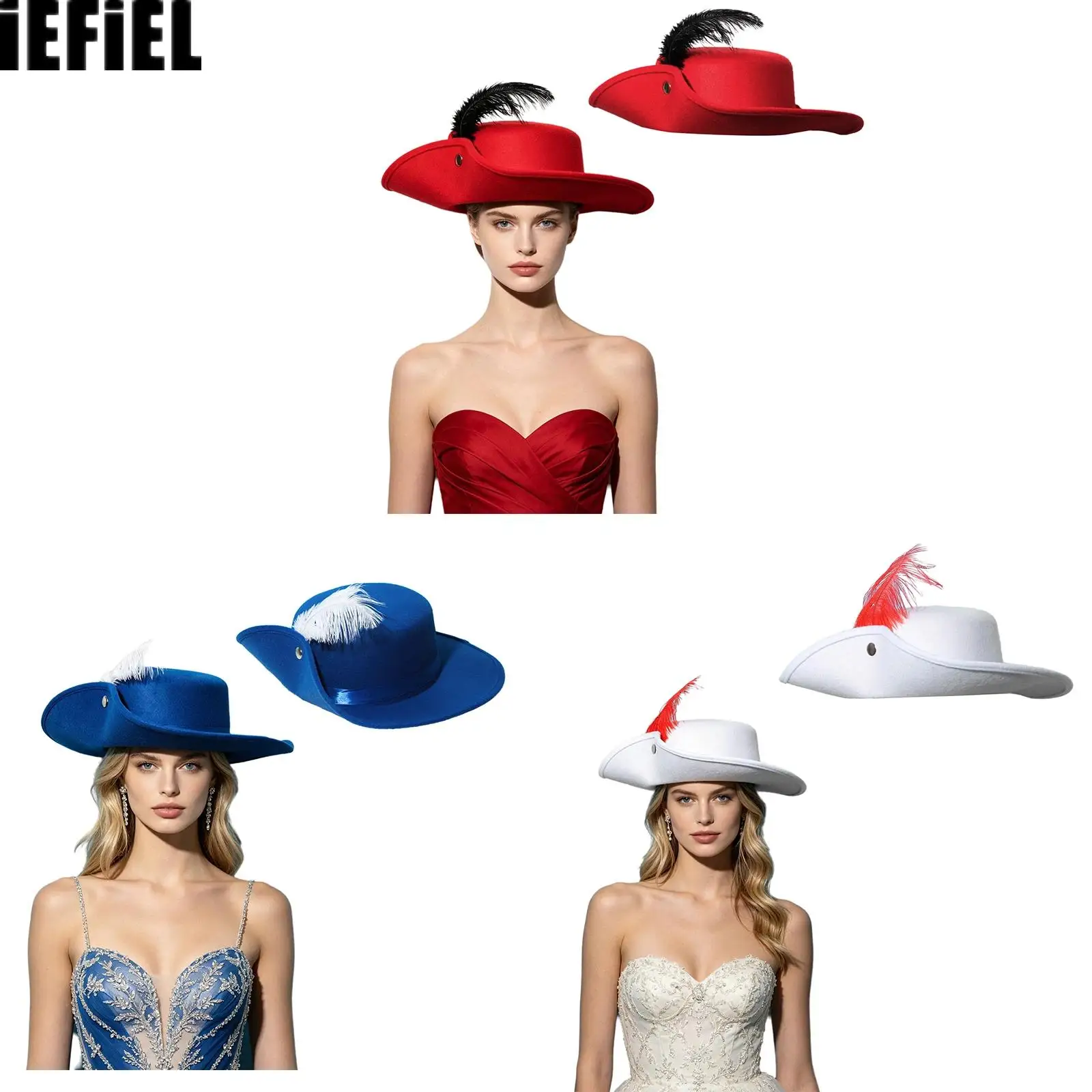 Men Women Vintage Felt Courtly Faux Feather Knight Hat Cap with Press Button for Festival Halloween Cosplay Themed Party