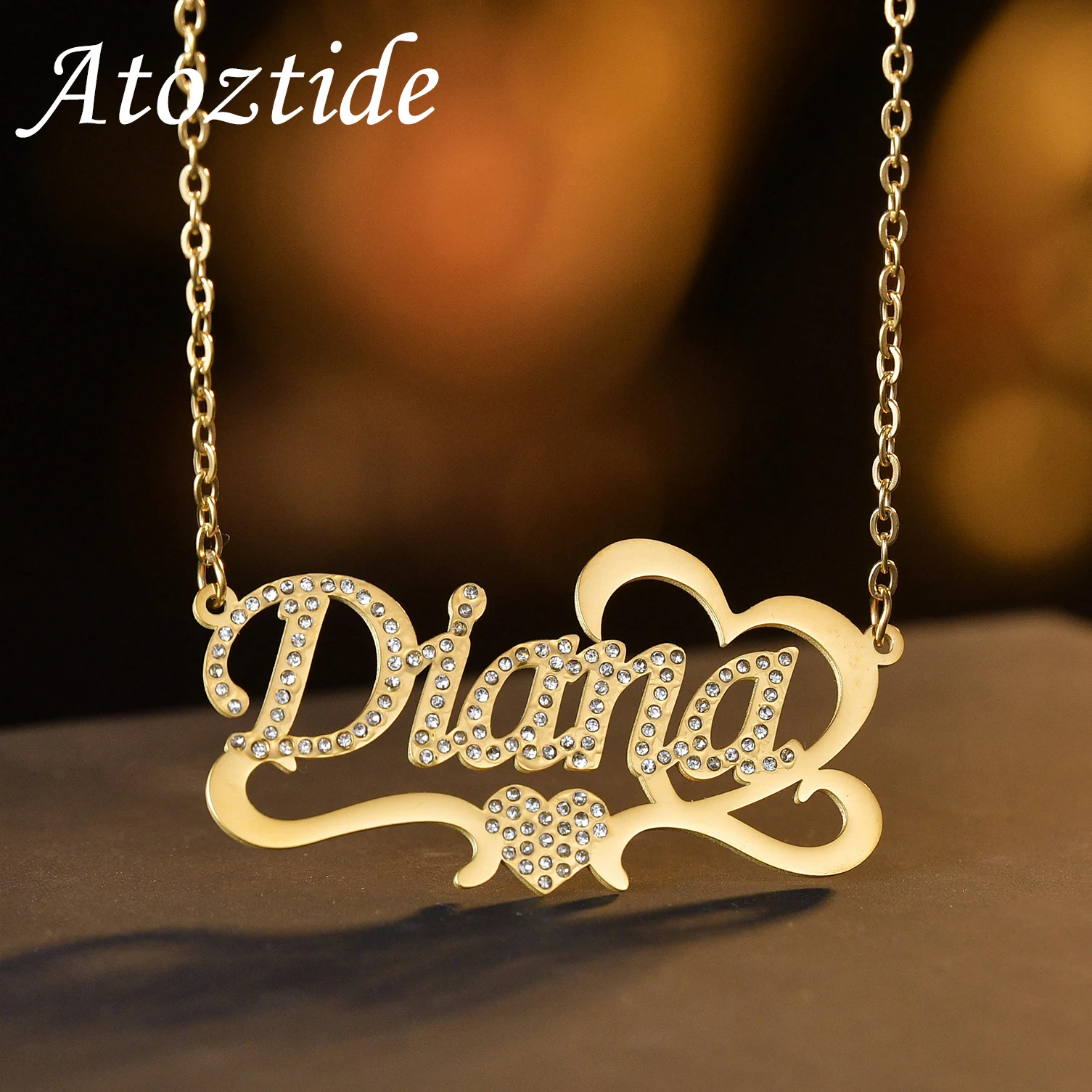 Atoztide Personalized Custom Name Necklace Stainless Steel for Women Men Stone Heart Box Chain Pendant Birthday Jewelry Gift