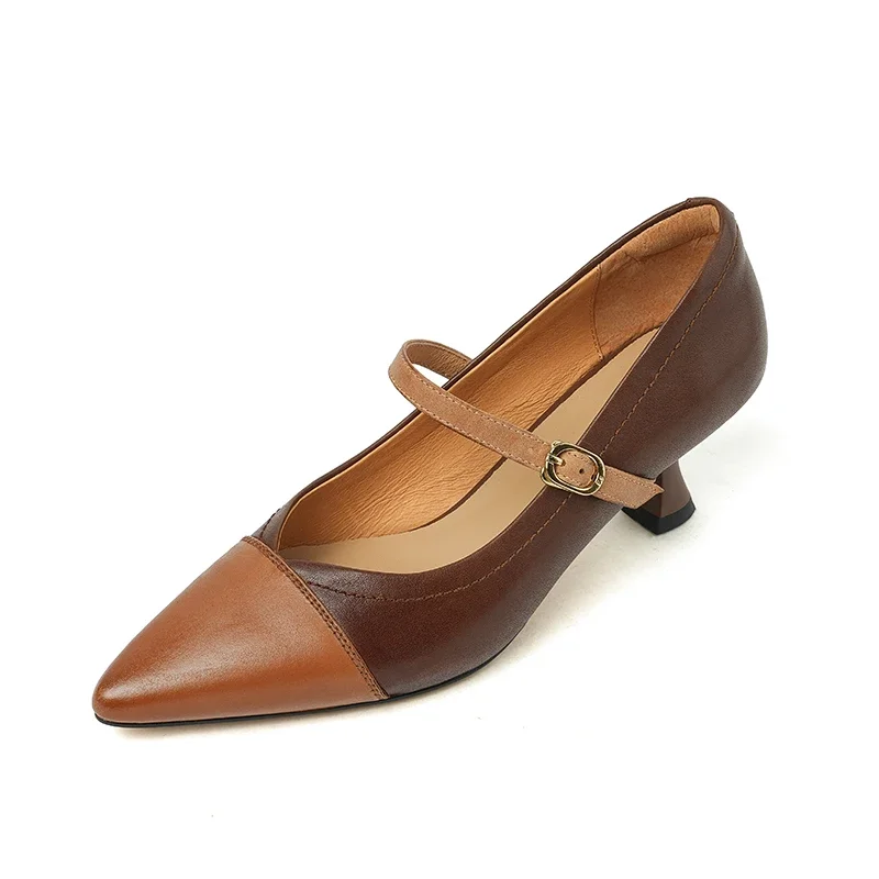

Fashionable Water-dyed Leather Pointed-toe Comfortable Mid-heel Color-blocked Buckle Strap Shallow-mouth Women's Shoes