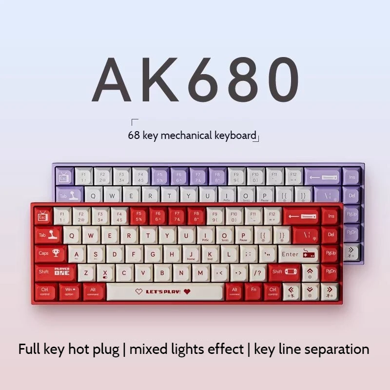 ajazz ak680 24g 68 teclas teclado mecanico jogo com fio quente swappable pequeno teclado modo duplo eixo de cha teclado de eixo vermelho presente 01