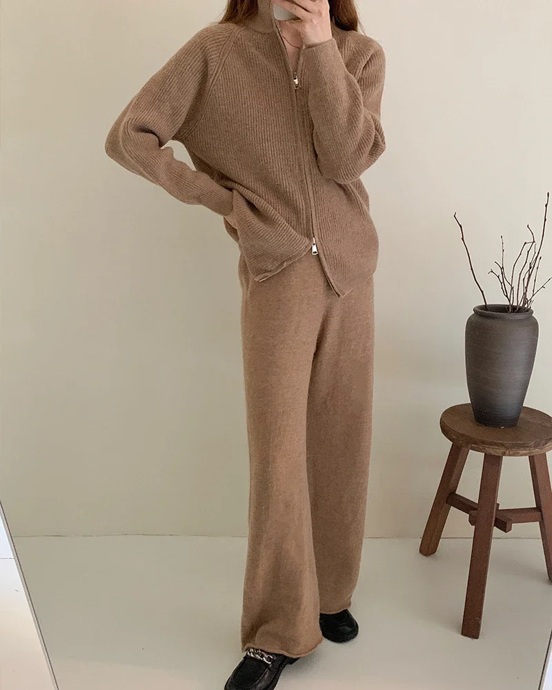 Fashion Knitted 2 Piece Sets Women Outfit Autumn Clothes Women 2024 Zipper Up Sweater Top Pant Sets Casual Sweatsuits Woman Sets