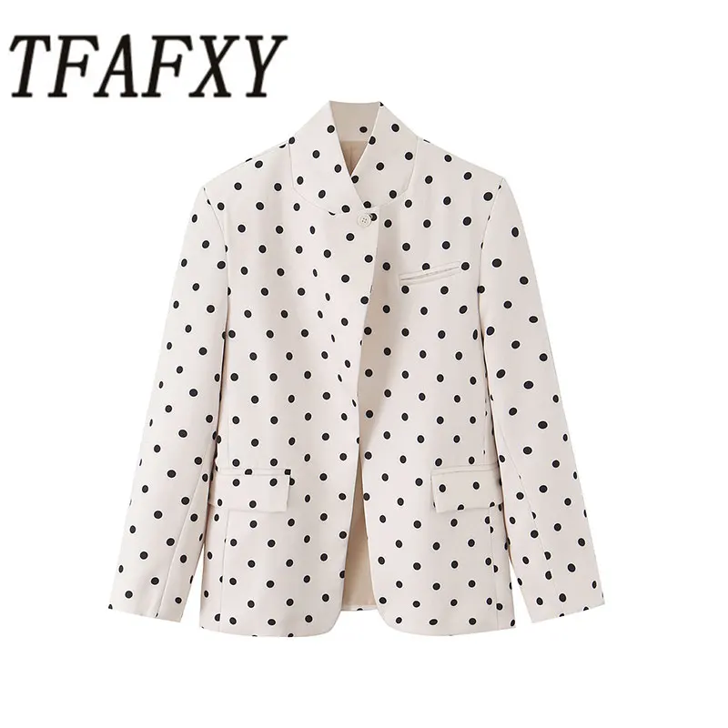 TFAFXY 2026 Autumn Vintage Polka Dot Fashion Commute Long Sleeve  Loose Outwear Casual Office Lady Single Button Blazer