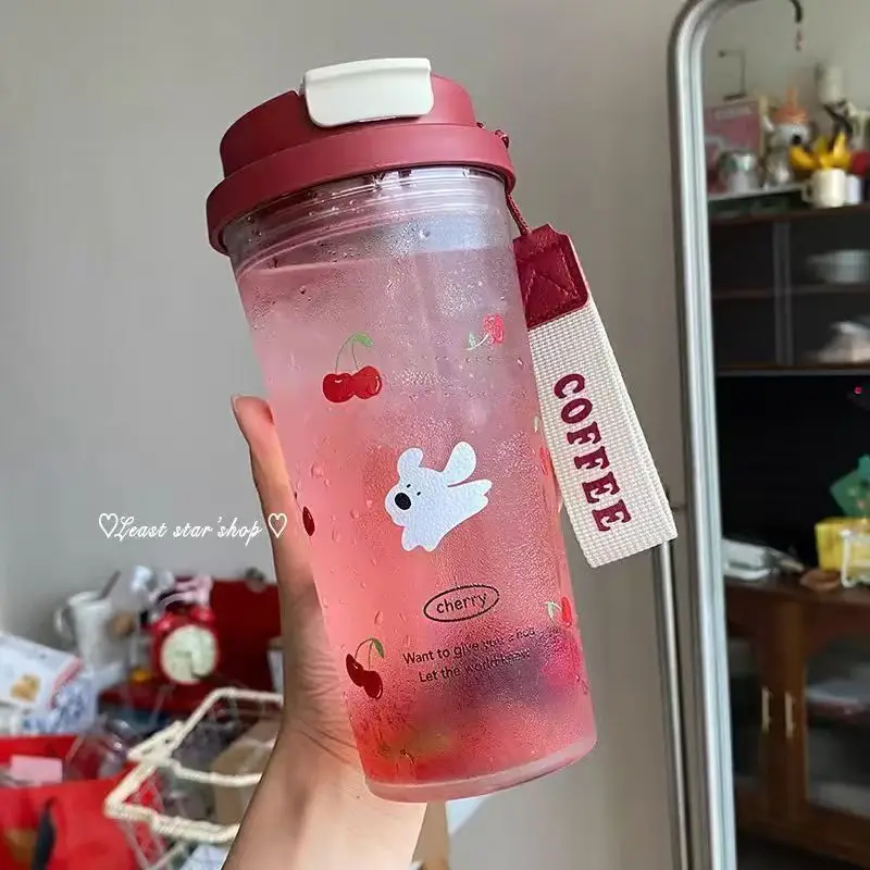 

550ml Water Cup Large Double Drinking Plastic Cups Carrying Rope Water Bottle Cartoon Sports Office Car Coffee Cup Drinkware