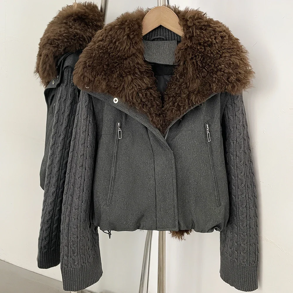 OFTBUY 90 White Duck Down Jacket Knit Sleeve Zipper Pockets Drawstring Short Coat Women Winter Real Curly Lamb Wool Fur Collar