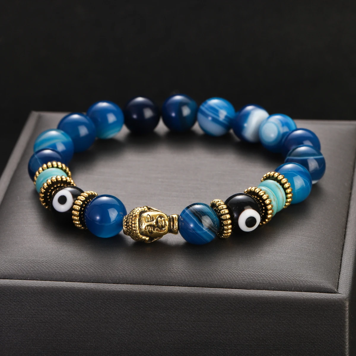 Classic Buddha&Evil Eye Bracelet Women Men 10mm Round Turquoises Blue Stone Bangles Handmade Elastic Yoga Bracelet