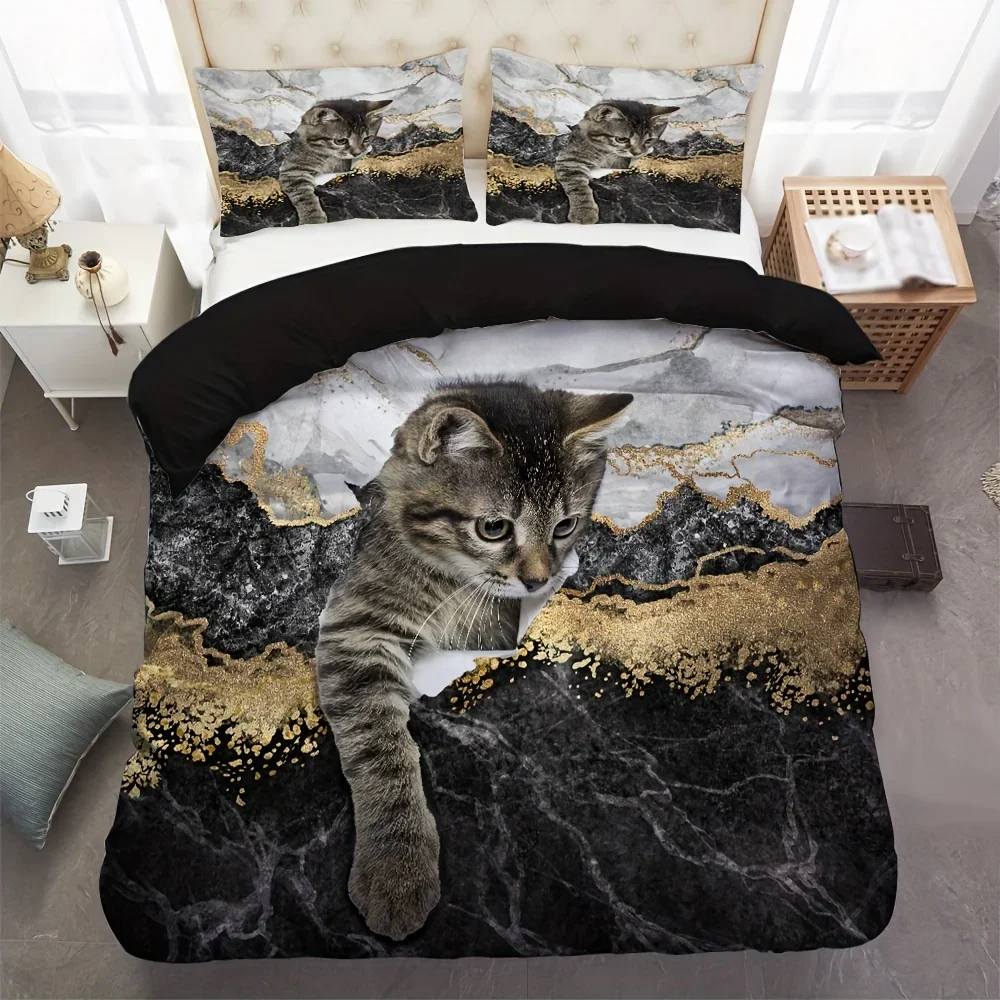 Cat Marble Duvet Cover Set 3D Animal Print with Cute Cat Design Breathable Bedding Set Includes 1 Duvet Cover 2 Pillow Cases