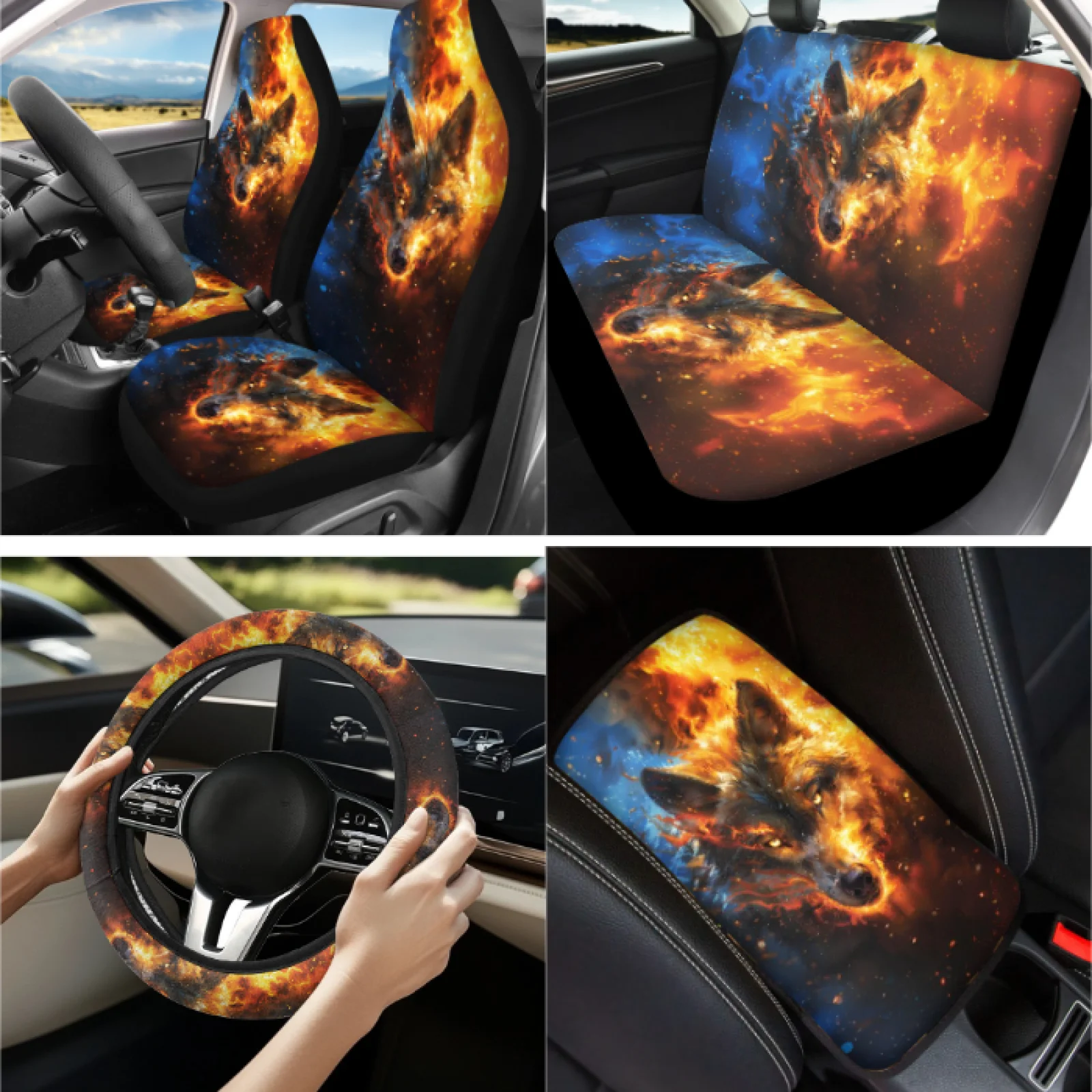 Coloranimal Wolf Theme Set of 13 Auto Interior Accessories with Easy Installation Seat Belt Strap Cover and Key Ring