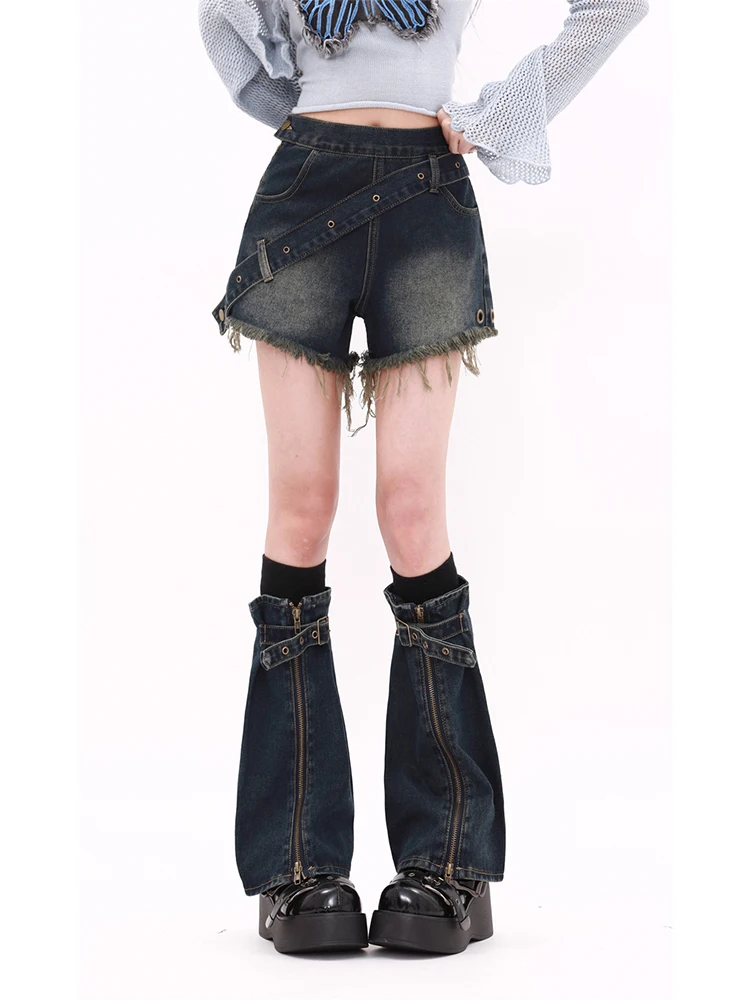 Women Blue Y2k Denim Shorts Vintage Harajuku Hight Waist Jean Shorts with Leg Cover 90s Aesthetic Mini Short Pants 2000s Clothes