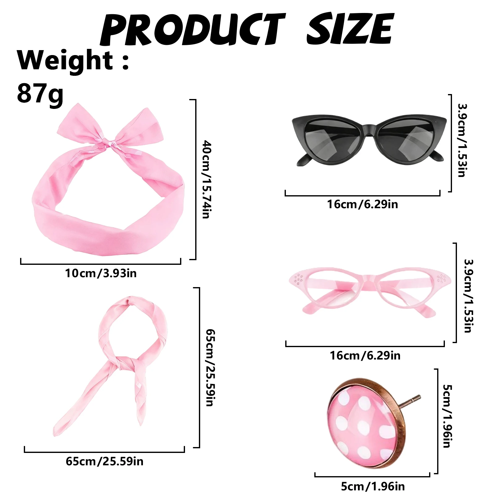 Ensemble d'accessoires de Costume pour femmes des années 1950, écharpe rétro en mousseline de soie à pois, bandeau, lunettes œil de chat, boucles d'oreilles, Halloween Cosplay Party Girl