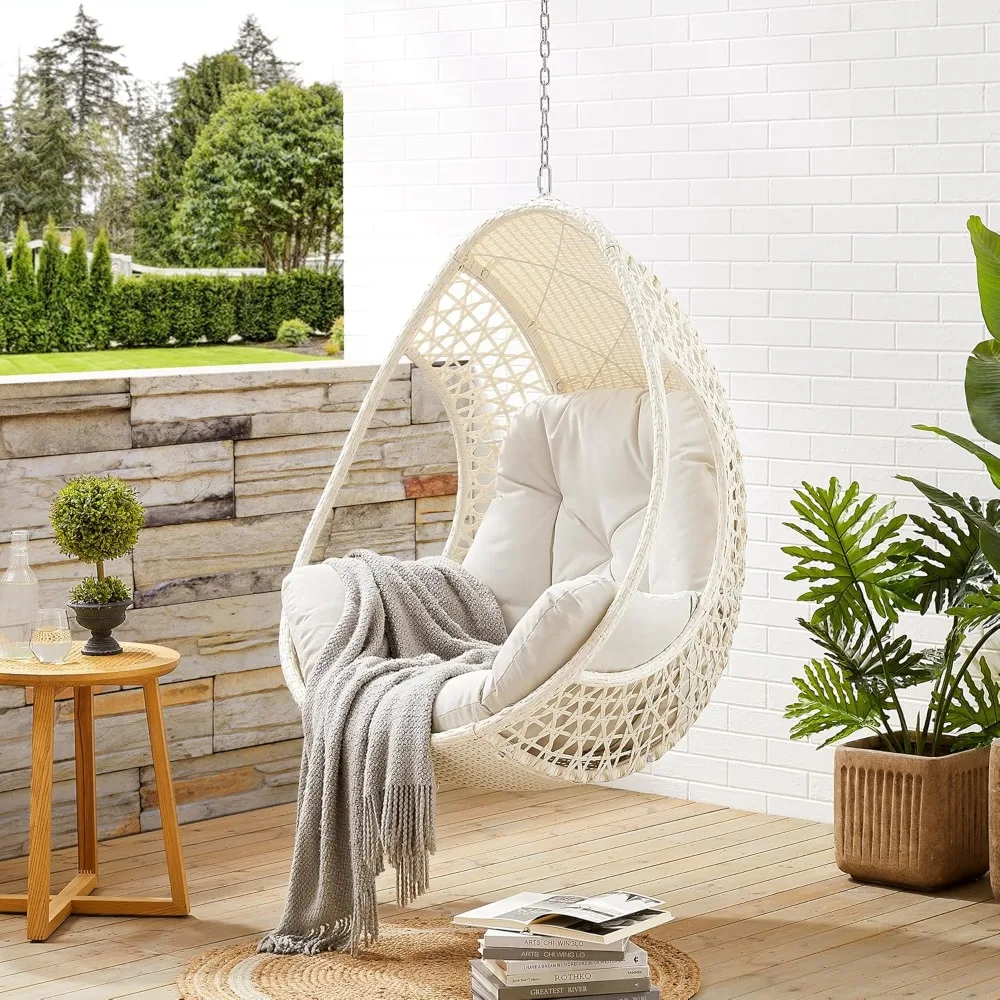 Hanging Egg Chair, Wicker Rattan Egg Chair, Tear Drop Egg Chair with Beige Cushion (Without Stand)