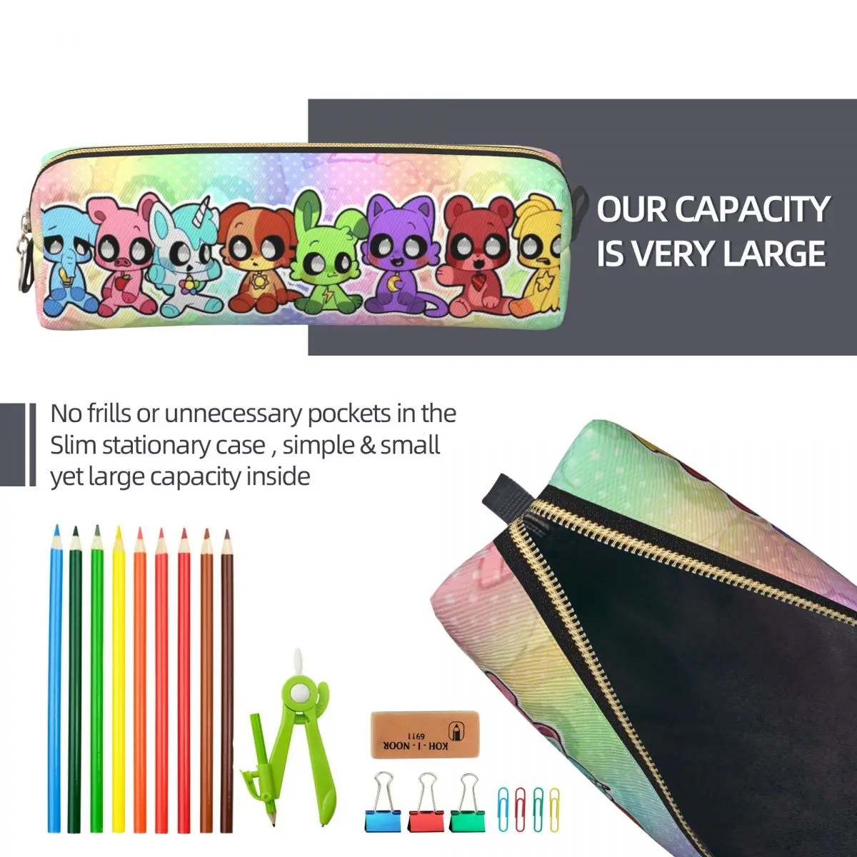 متعة قوس قزح يبتسم المخلوقات الأرجواني القط مقلمة مقلمة حامل قلم لفتاة صبي سعة كبيرة أكياس الهدايا القرطاسية