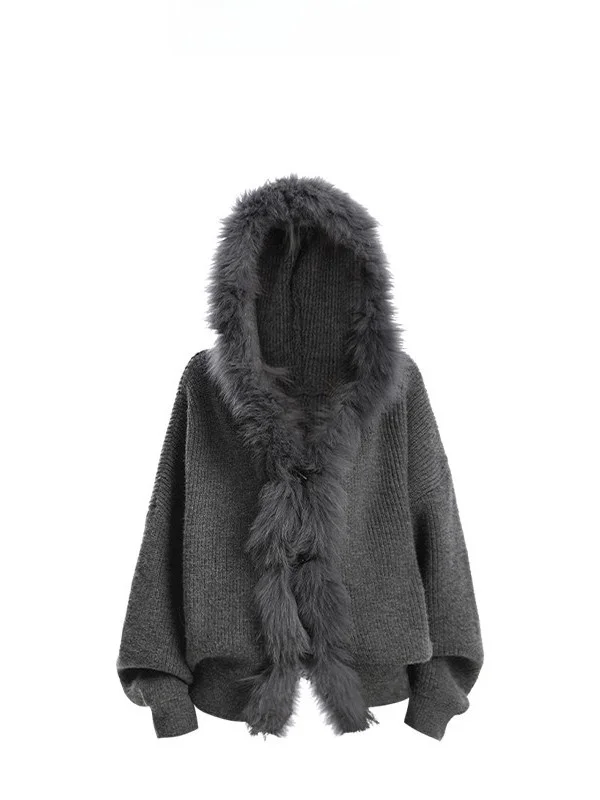 

American Design Large Fur Collar Hoodie Women's Autumn Winter Lazy Warm Knitted Open Cardigan Top Loose Fit Long Sve