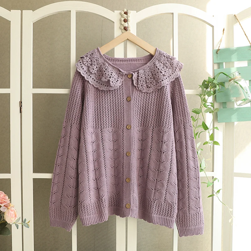 Autumn Sweet Double-layer Collar Hollow Out Embroidered Sweater Women Long Sleeve Single Breasted Knitted Sweater