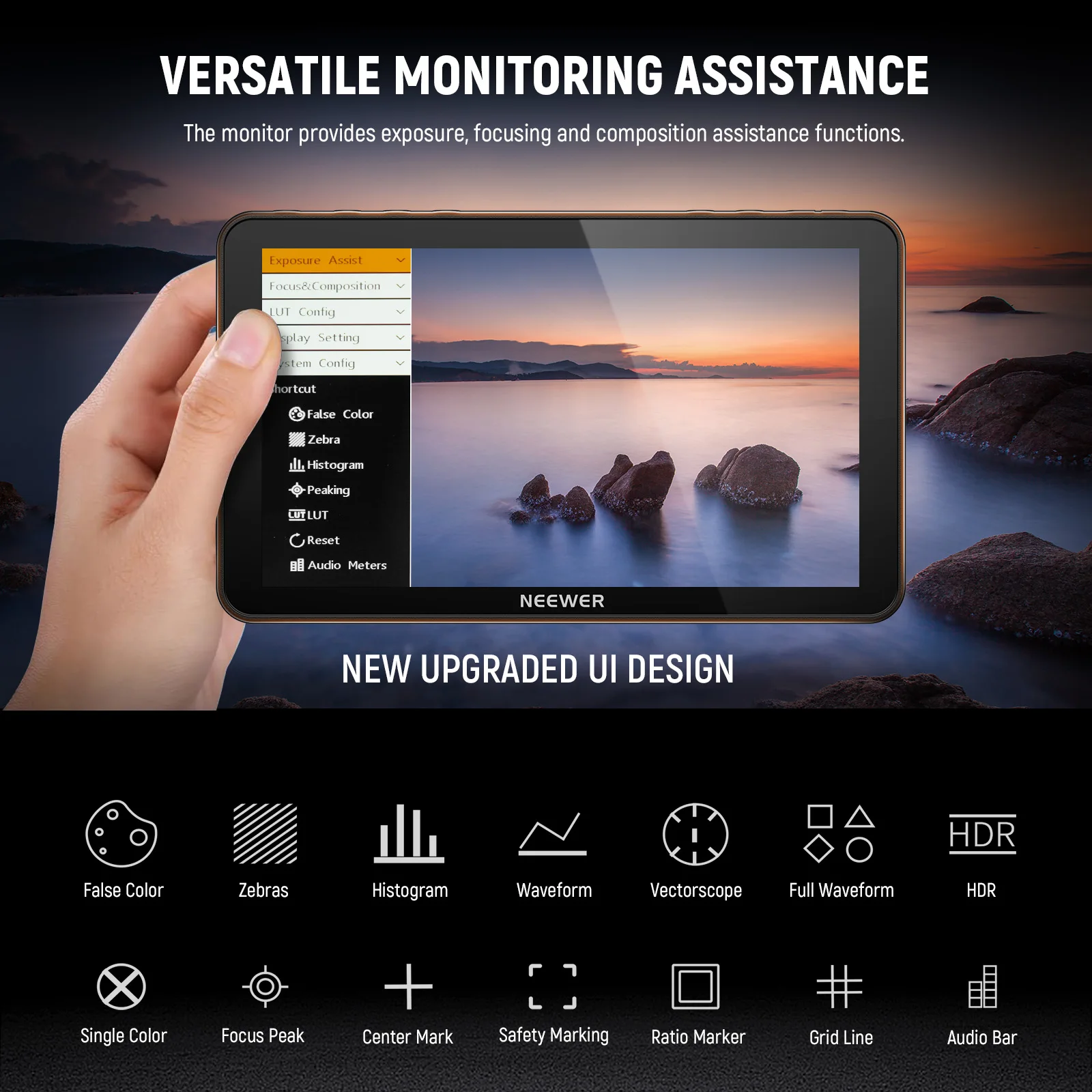 NEEWER F700 7' Camera Field Monitor, 4K HDMI Loop In/Out with Peak Focus DSLR Video Assist HDR Waveform, Cold Shoe Mount - view 2