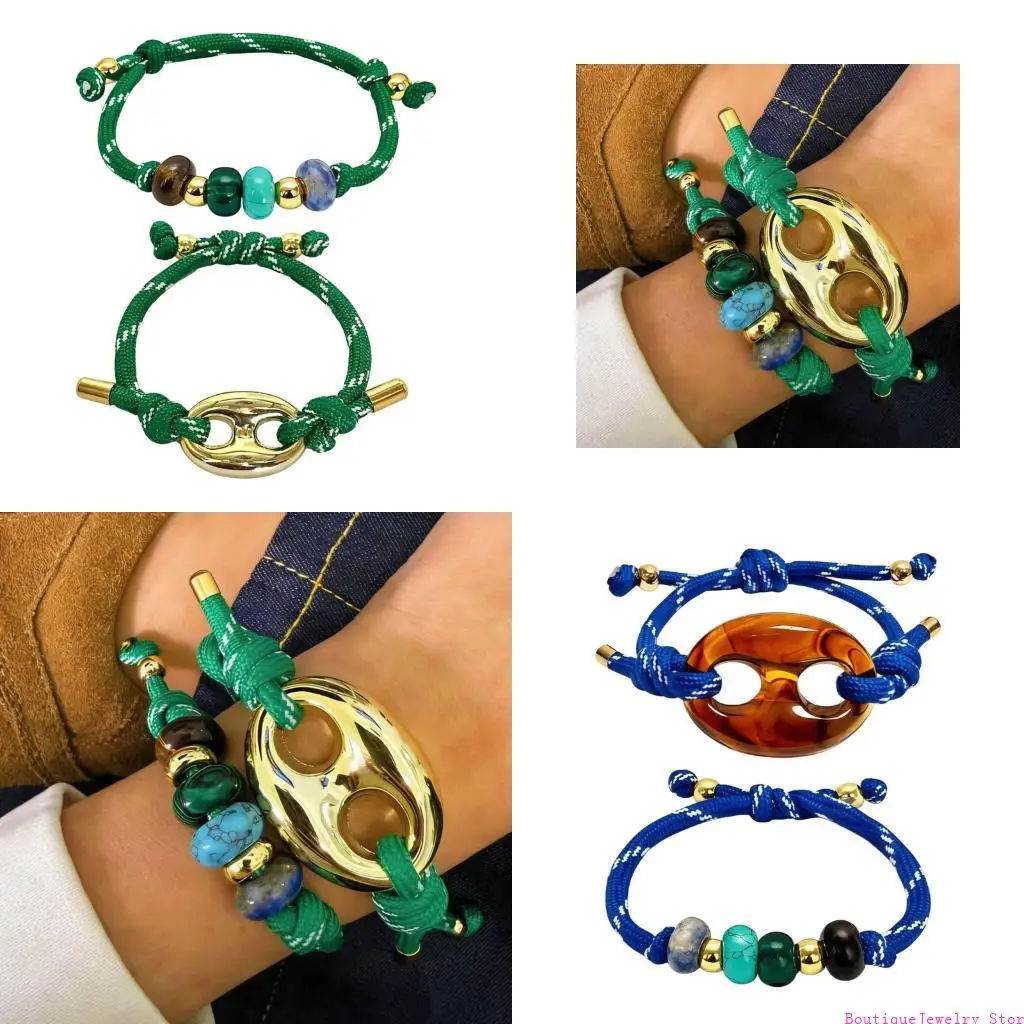 E1PE Pack Of 2 Stylish Two Tone Pig Nose Bracelets For Women Trendy Adjustable Rope Handmade Jewelry Fashion Accessories