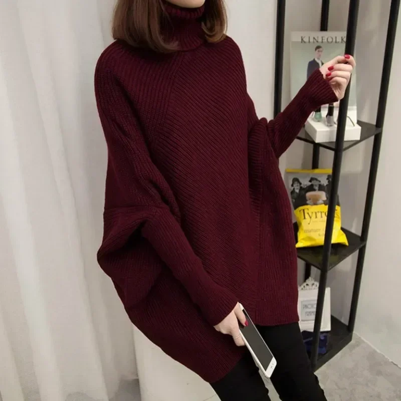 TPJB New Women Autumn Winter Burgundy Oversized Turtleneck Pullover Sweater Batwing Sleeve Knitted Jumpers Irregular Length