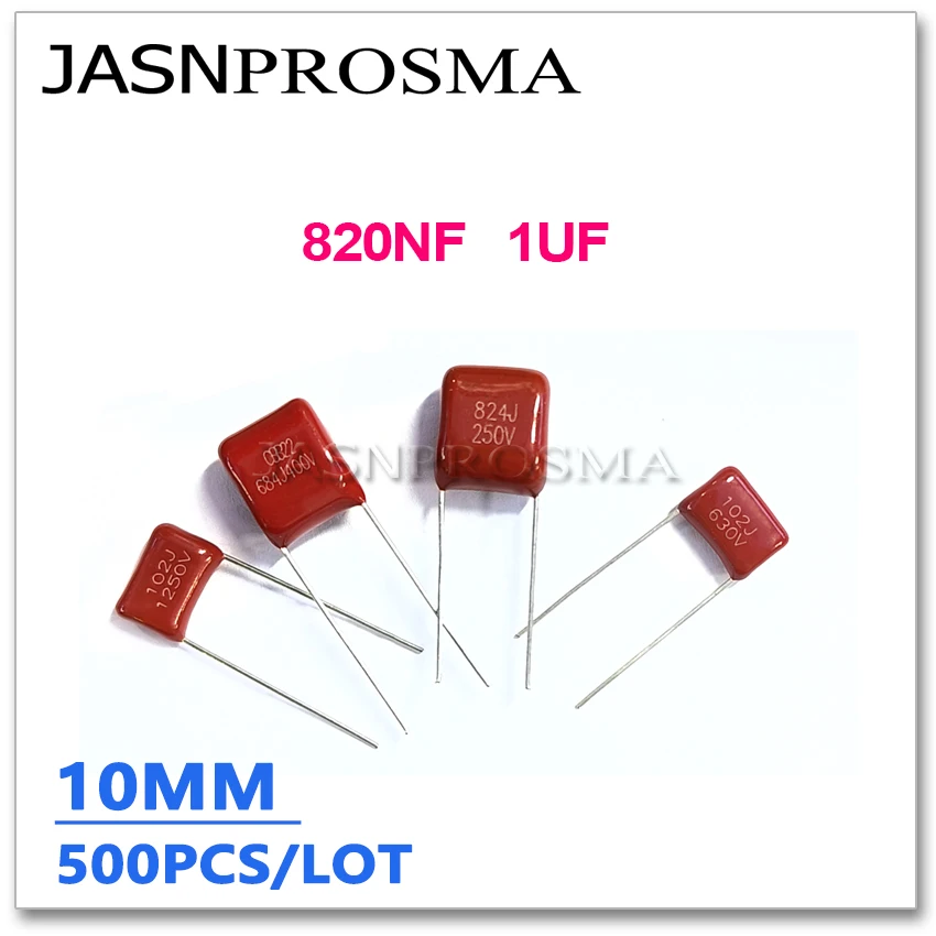 

JASNPROSMA CBB capacitor pitch 10MM 250V 400V 500PCS 820NF 1UF 824J 105J 5% 0.82UF Metallized Film Capacitance