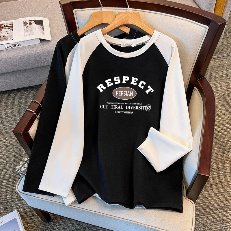 

Женская блузка больших размеров 175 кг, осень 170 г, свободная контрастная толстовка с круглым вырезом и длинными рукавами, 4XL, 5XL, 6XL, 7XL, 8XL, 9XL